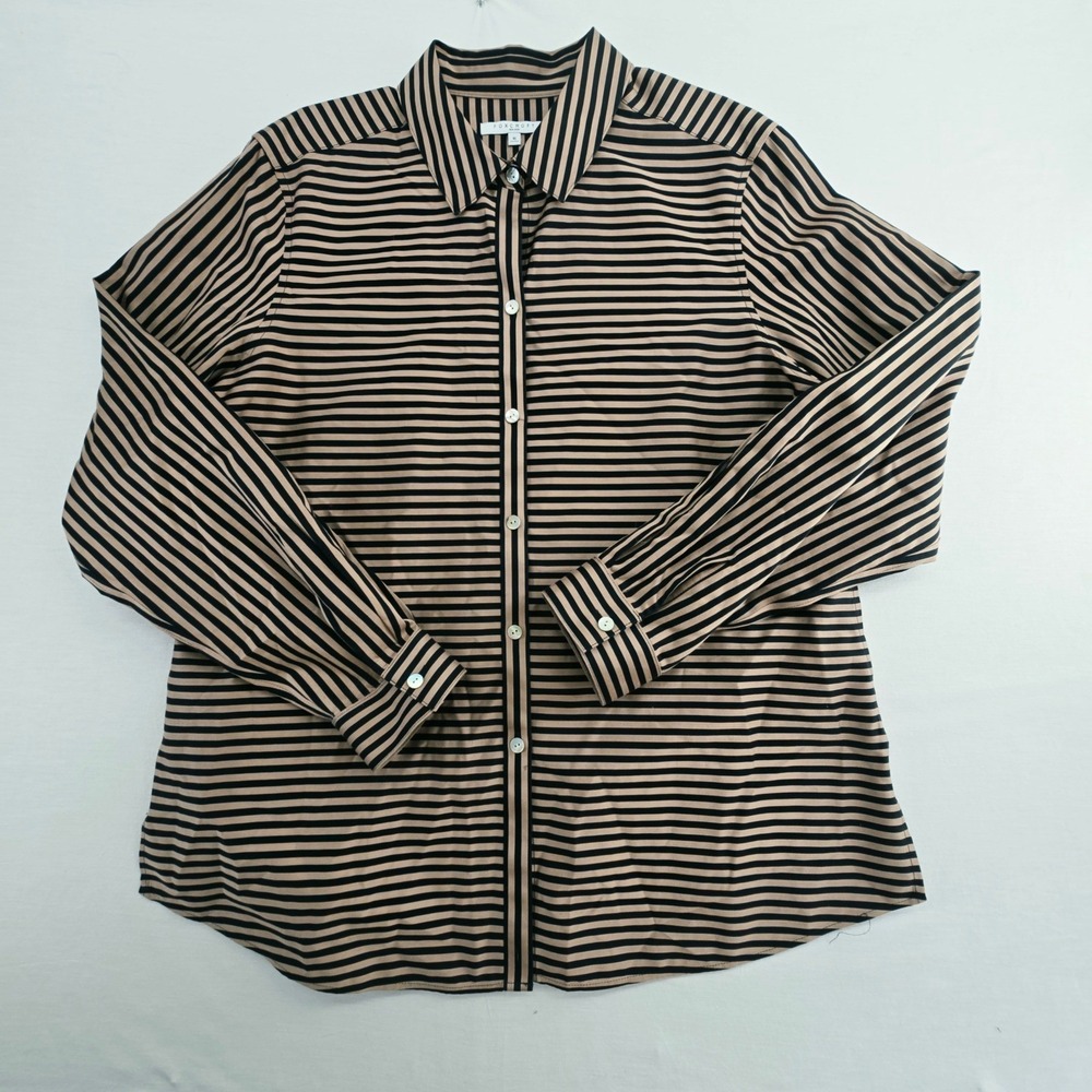 Foxcroft sz 16 Shaped Black Khaki Stripe Career Blouse Long Sleeve No Iron